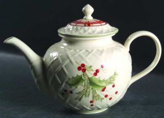 Lenox China Holiday Gatherings Holiday Berry Carved Teapot & Lid, Fine China Din