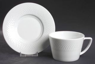 Nikko Orbit Flat Cup & Saucer Set, Fine China Dinnerware   All White, Embossed C