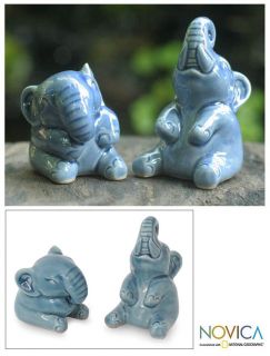 Ceramic Happy Blue Elephants Celadon Sculptures (thailand) (BlueMaterial CeramicFeatures a glazed, crackled finishDimensions (large) 3.5 inches high x 3.2 inches wide x 2.4 inches deepDimensions (medium) 2.6 inches high x 2.4 inches wide x 3 inches dee