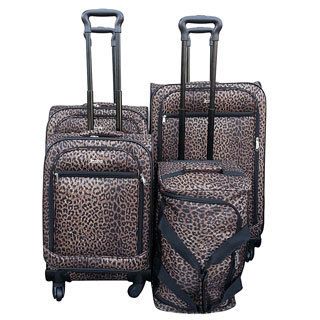 Jourdan Trendy Leopard 4 piece Spinner Luggage Set (Leopard, blue paisley, black white polka dots, black purple polka dots Materials Polyester, cottonPockets One (1) exterior pocketWeight 28 poundsCarrying handle Top handleWheeledWheel type Four (4) 