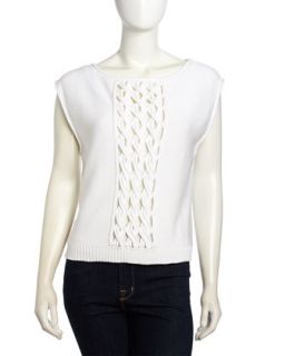 Sleeveless Cable Knit Panel Sweater, White